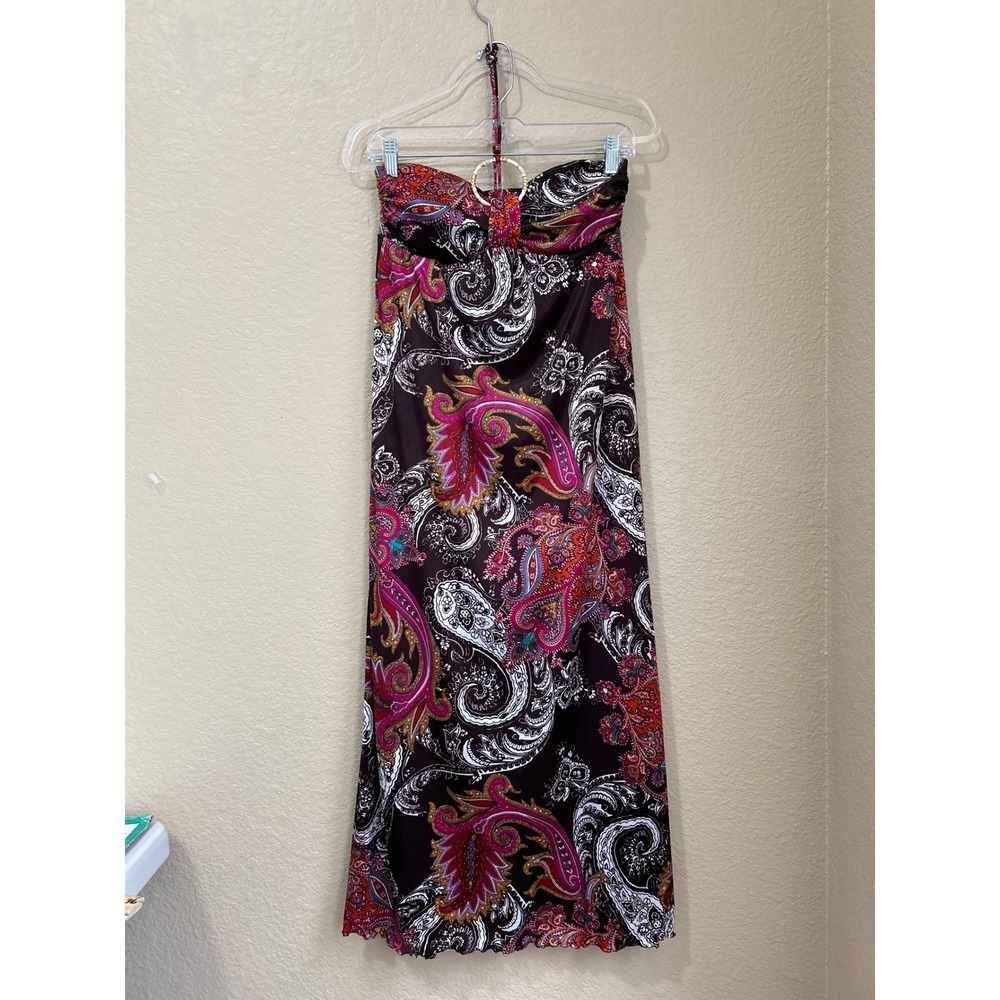 Vintage Y2K Paisley Halter Maxi Dress Brown Pink Satin Bratz Babydoll Boho Bling